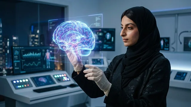 An Arab doctor analyzes a three-dimensional hologram model.