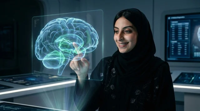Saudi Woman Interacting with Brain Hologram in Lab