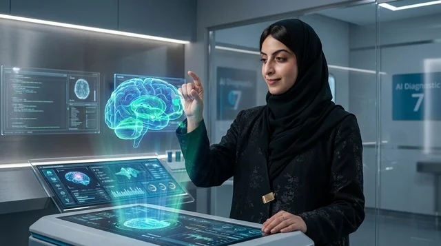 Arab Female Scientist Interacting With Hologram Brain