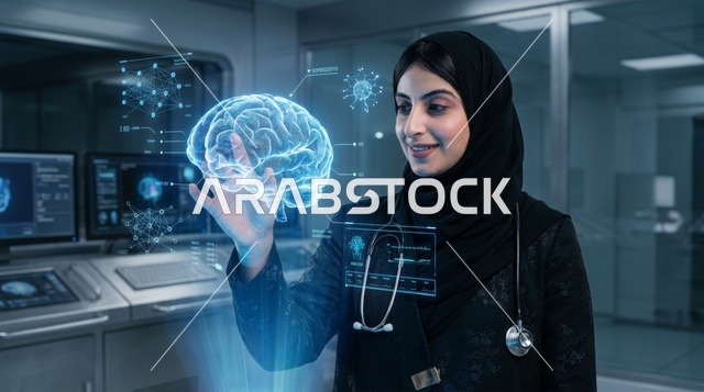 طبيبة عربية تحلل مجسم هولوغرام ثلاثي الأبعاد للدماغ