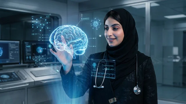 طبيبة عربية تحلل مجسم هولوغرام ثلاثي الأبعاد للدماغ