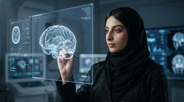 Saudi Female Scientist Analyzing Holographic Brain Scan