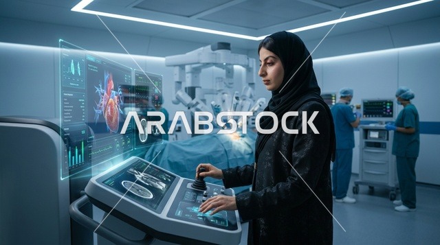 طبيبة جراحة عربية تشغل نظام الجراحة الروبوتية