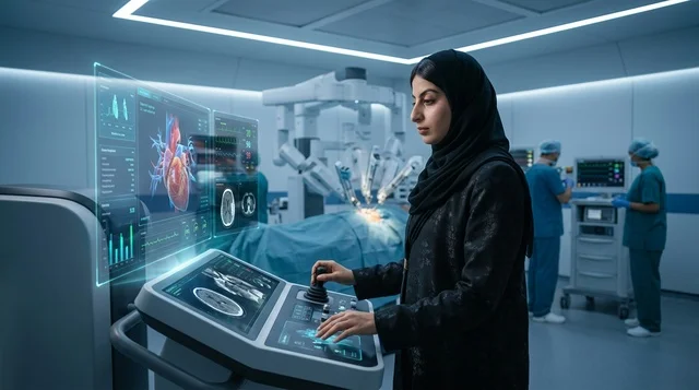 Arab Female Surgeon Operating Robotic Medical Console