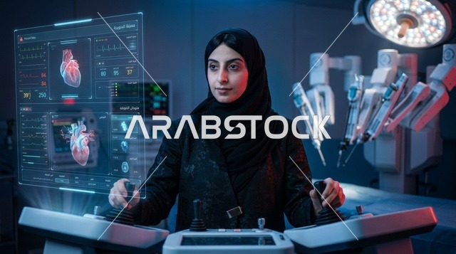 طبيبة جراحة سعودية تتحكم بجهاز الجراحة الروبوتية المتقدمة