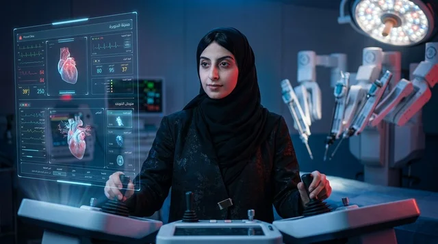 Saudi Female Surgeon Operating Robotic Surgery Console