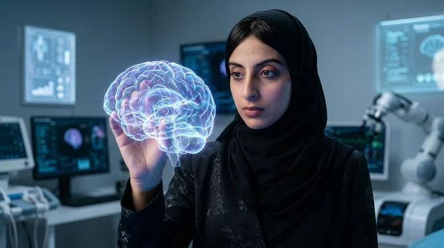 عالمة سعودية تتفحص نموذج هولوغرام ثلاثي الأبعاد للدماغ