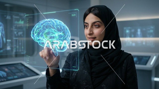 عالمة طب سعودية تتفاعل مع هولوغرام الدماغ البشري