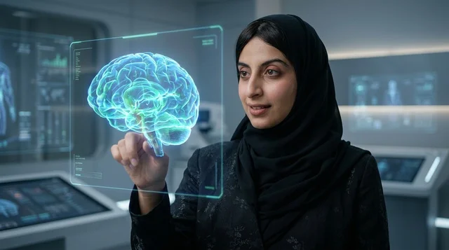 Saudi Female Scientist Analyzing 3D Brain Hologram