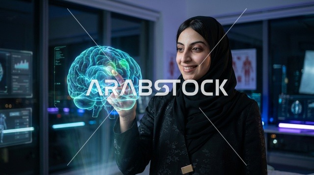 عالمة سعودية تتفاعل مع مجسم هولوجرام ثلاثي الأبعاد للدماغ