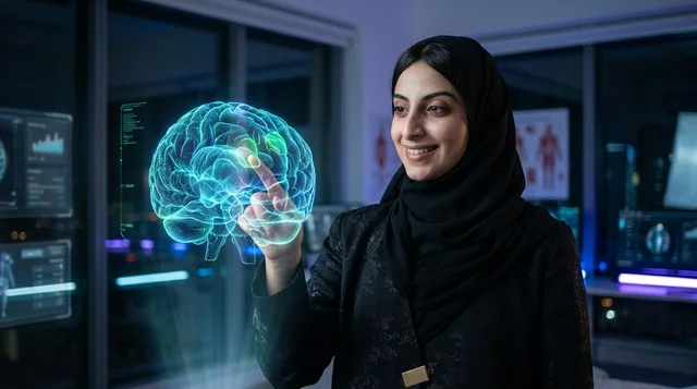 Saudi Female Scientist Interacting With Brain Hologram
