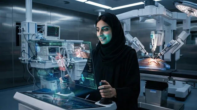 طبيبة سعودية تجري عملية جراحية بالروبوت في المستشفى