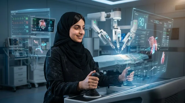 Saudi Female Doctor Operating Robotic Surgery Console