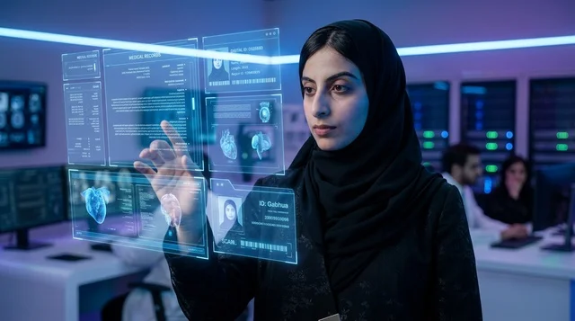 Saudi Woman Using Futuristic Hologram in Data Center