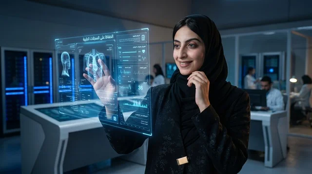امرأة عربية تتفاعل مع شاشة هولوجرام رقمية في مختبر طبي امرأة عربية تتفاعل مع شاشة هولوجرام رقمية في مختبر طبي
