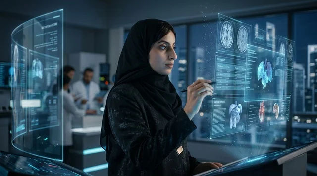 عالمة سعودية تستخدم شاشة هولوغرام طبية متطورة في المختبر