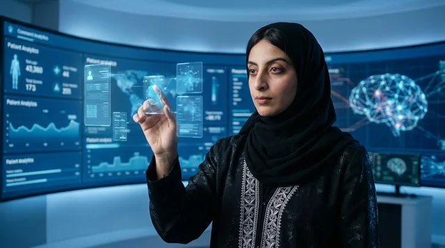 امرأة سعودية تتفاعل مع واجهة تقنية ثلاثية الأبعاد