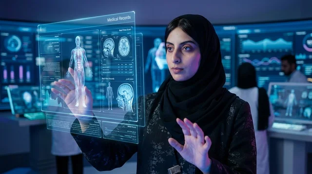 طبيبة سعودية بالعباءة تستخدم شاشة هولوجرام طبية متطورة