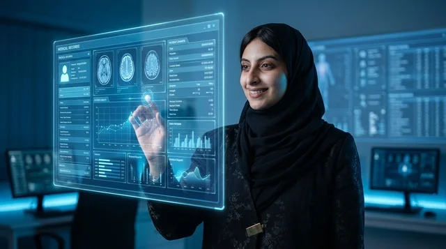 طبيبة سعودية تتفاعل مع شاشة هولوجرام طبية مستقبلية