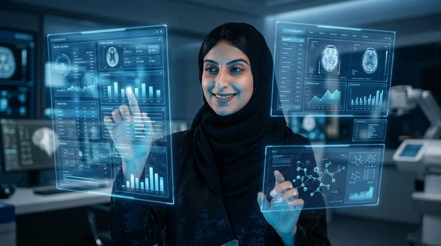 عالمة سعودية تتفاعل مع شاشات طبية هولوغرامية