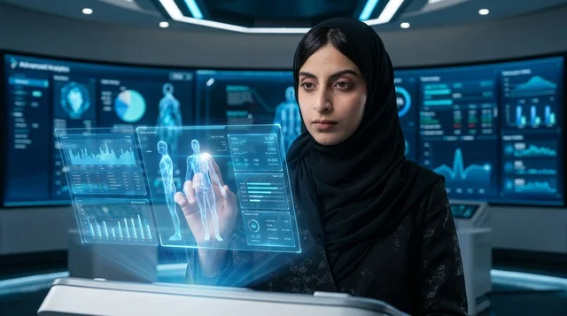 Saudi Woman Interacting with Medical Hologram Screen
