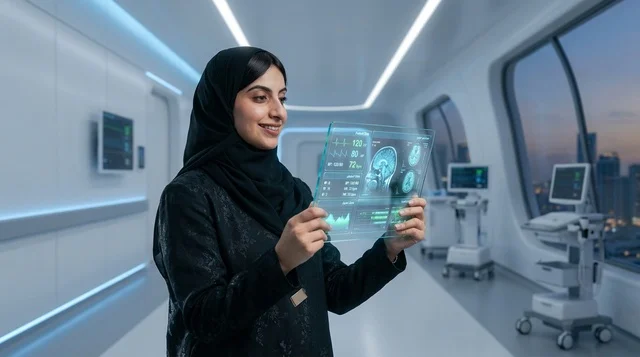 Saudi Female Doctor with Futuristic Medical Hologram