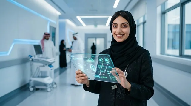 Saudi Female Doctor holding Digital Tablet in Hospital
