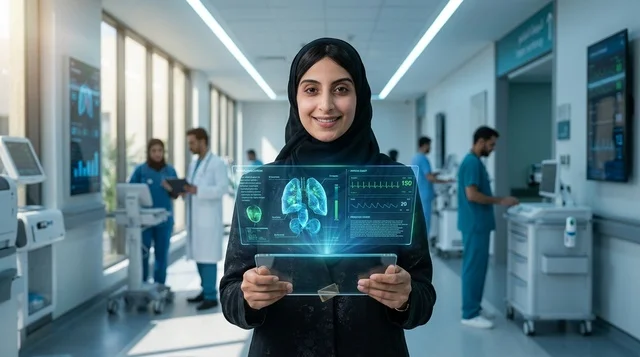 طبيبة سعودية بالعباءة في المستشفى مع هولوغرام الرئة