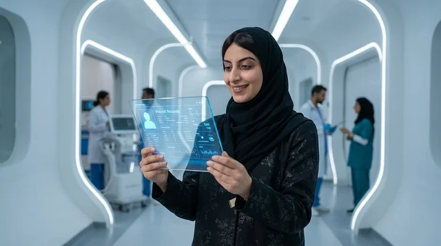 طبيبة سعودية ترتدي العباءة في ممر مستشفى مستقبلي