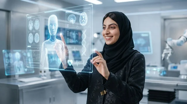 A Saudi doctor controls a surgical robot inside the operating room.