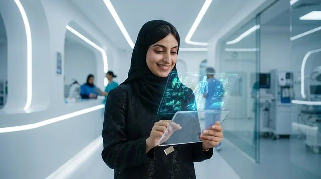 Arab Female Doctor in Abaya Using Futuristic Tablet