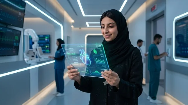 طبيبة سعودية مع مجسم هولوغرام لقلب بشري في مستشفى حديث