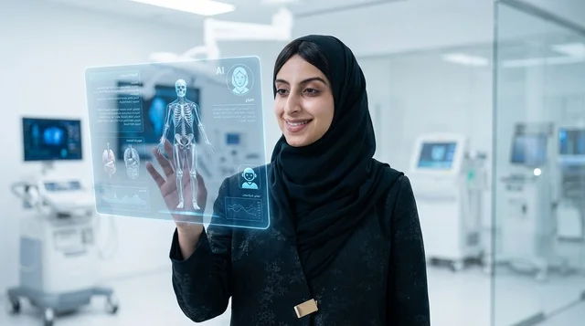 A Saudi doctor controls a surgical robot inside the operating room.