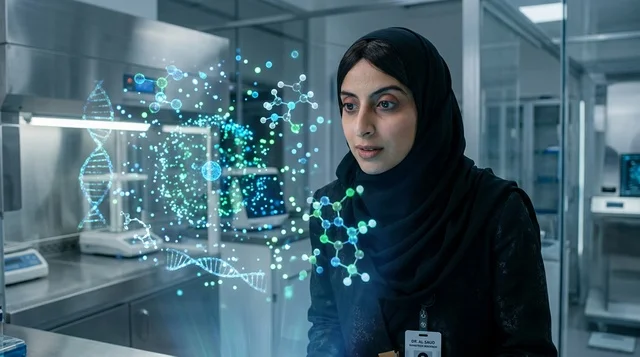 عالمة سعودية ترتدي الحجاب في مختبر أبحاث مع هولوغرام