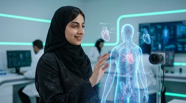 عالمة طبية سعودية مع مجسم هولوغرام ثلاثي الأبعاد