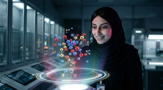 Saudi Female Scientist with Hologram in Laboratory