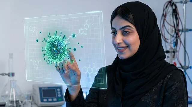 عالمة سعودية في المختبر مع إسقاط هولوغرام لفيروس