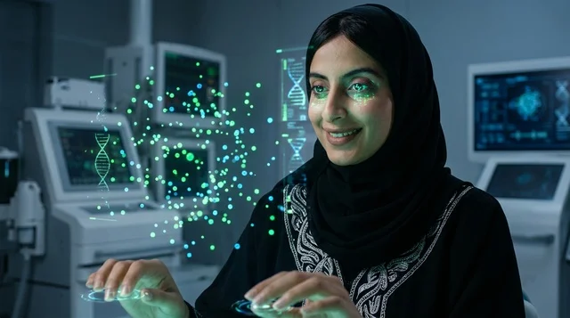 Emirati Woman Interacting with DNA Hologram in Lab