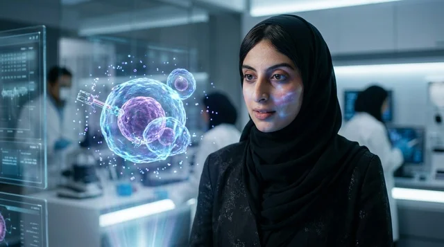 عالمة إماراتية في مختبر تقني حديث ثلاثي الأبعاد