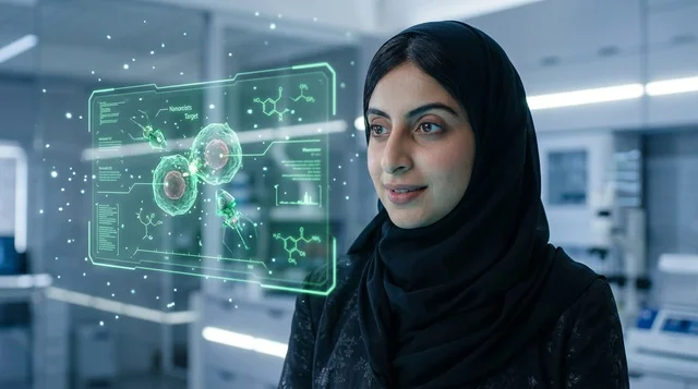 عالمة سعودية في مختبر طبي مع شاشة هولوغرام تفاعلية