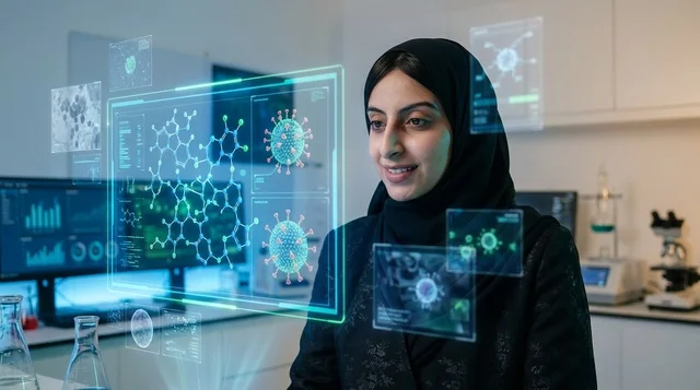 عالمة سعودية في مختبر تقني مع هولوجرام ثلاثي الأبعاد