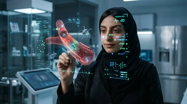Saudi Female Scientist in Futuristic Lab with Hologram