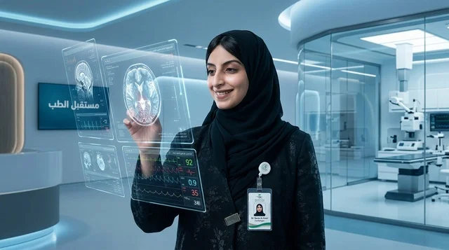طبيبة سعودية تتفاعل مع شاشة هولوغرام طبية ذكية