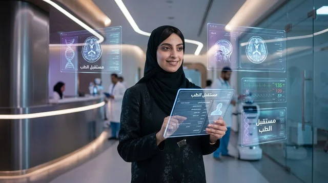 Saudi Female Doctor with Futuristic Medical Hologram