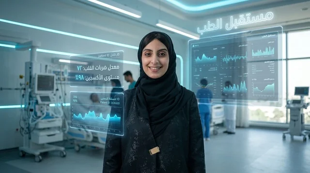 طبيبة سعودية محجبة داخل غرفة مستشفى مستقبلية رقمية
