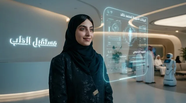 امرأة سعودية تستخدم الهولوجرام الطبي في مستشفى حديث