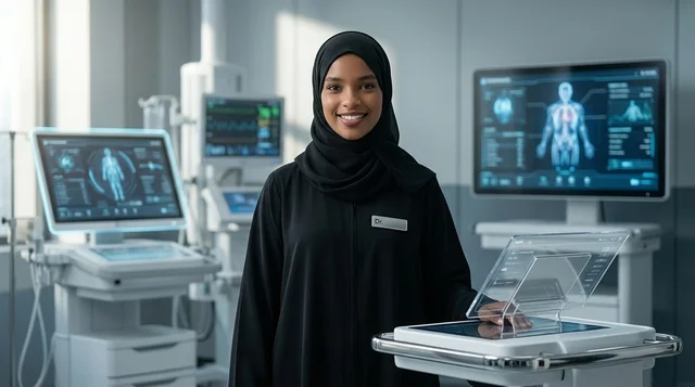 A Saudi doctor in a fully equipped medical laboratory.