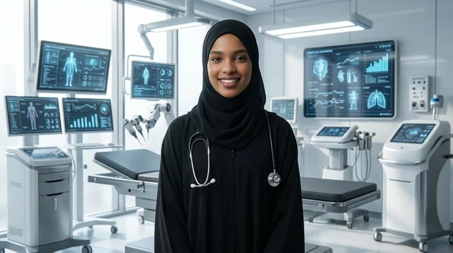 Saudi Female Doctor with Stethoscope in Medical Clinic