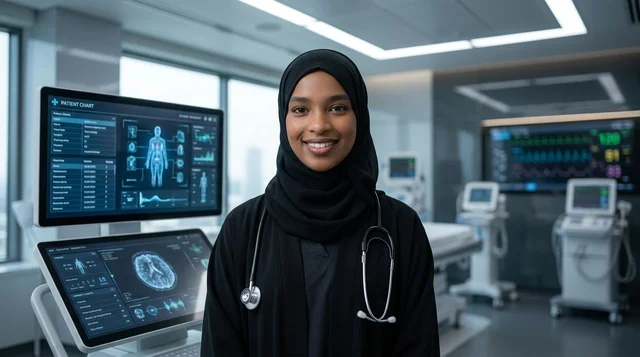 Female Saudi Doctor in Modern Hospital ICU Clinic