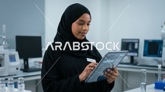 Saudi Female Scientist Using Tablet in Modern Laboratory